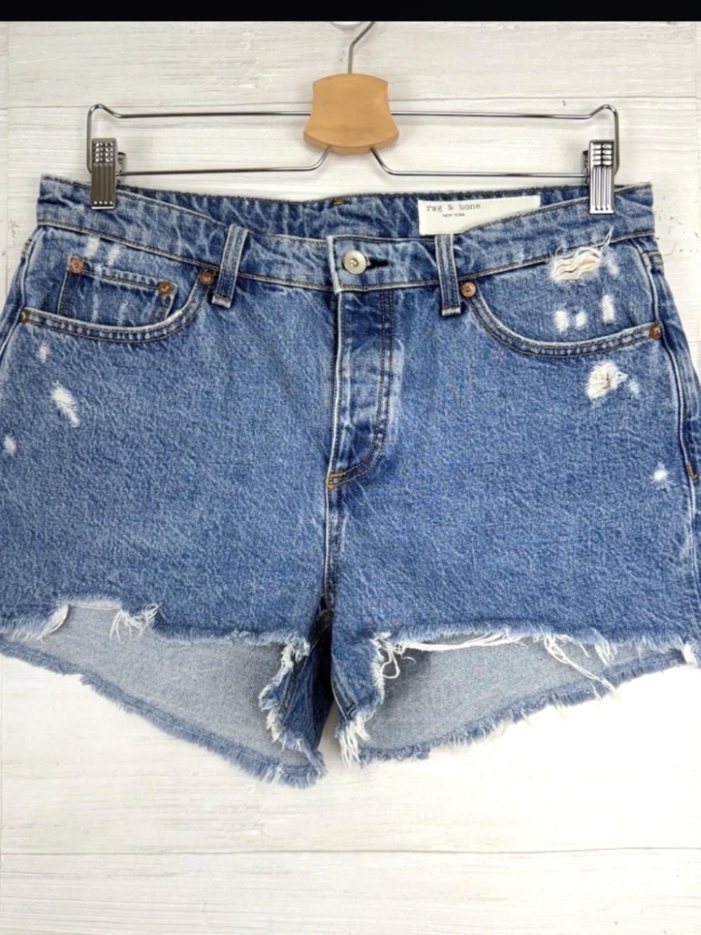 Rag and Bone blue distressed shorts cut off biker